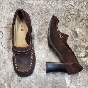 Vintage 90s y2k Bratz Brown Suede Leather Chunky Heel Moc Toe Penny Loafer Pumps